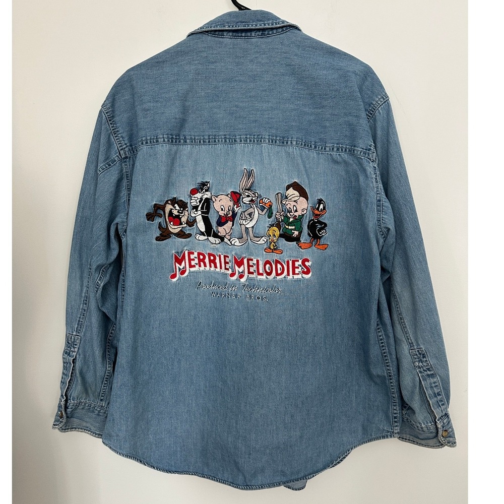 Looney Tunes Classic Merrie Melodies 90s Denim Shirt Mens Large Blue Embroidered